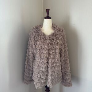 Fluffy Shag Shaggy Faux Fur Lightweight Jacket Coat Taupe Medium